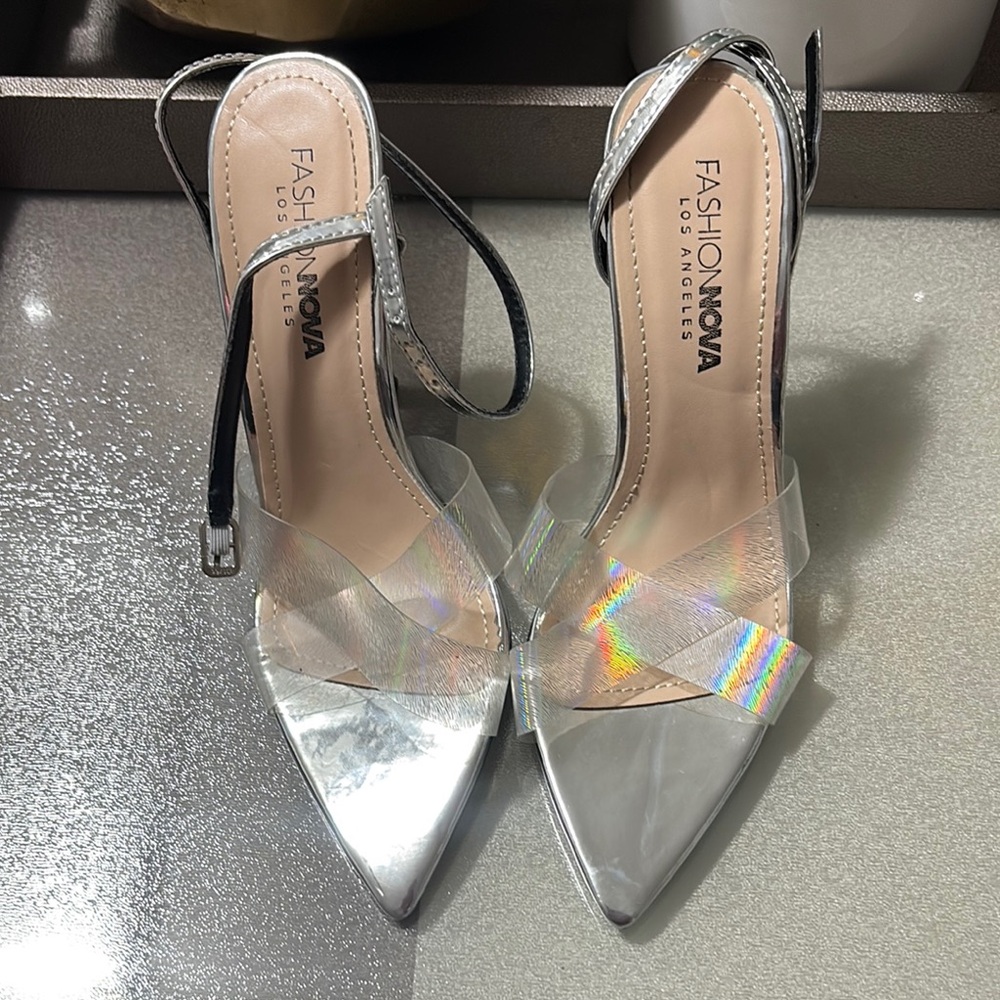 Fashion Nova Silver Slingback Heels with Transparent Detail